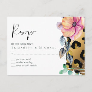 Bling Girly Glam Leopard Print Pink Gold Wedding Postkarte