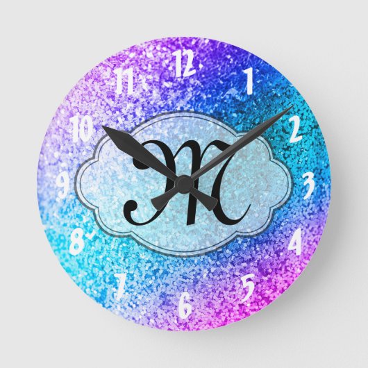 Bling Glitter Girly Monogram Initial Wall Clock Runde Wanduhr (Vorderseite)