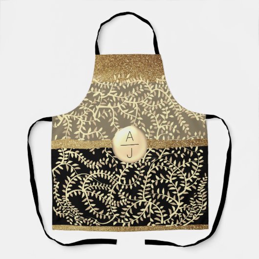 Bling Glitter Gold und schwarze Initialen Schürze (Vorderseite)