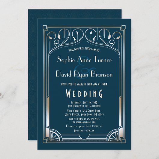 Bling Great Gatsby Gold Blue Art Deco Hochzeit Einladung (Vorne/Hinten)