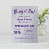 Bling it on Silver Glitzern Lila Sweet 16 Einladung (Stehend Vorderseite)