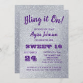 Bling it on Silver Glitzern Lila Sweet 16 Einladung (Vorne/Hinten)