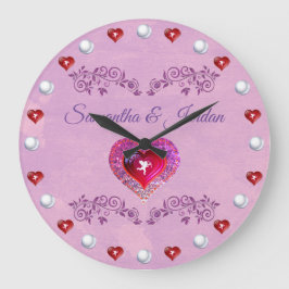 Bling Pink Heart & Cherub Personalised Große Wanduhr