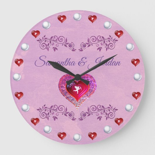 Bling Pink Heart & Cherub Personalised Große Wanduhr (Vorderseite)