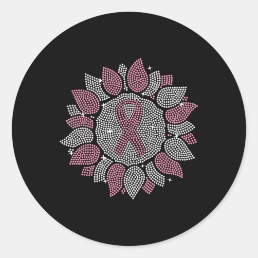 Bling Sunflower Pink Ribbon Brustkrebs Auswarenes Runder Aufkleber (Vorderseite)