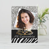 Bling Tiara Zebra Quinceñera 15. Geburtstag Silber Einladung (Stehend Vorderseite)