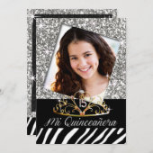 Bling Tiara Zebra Quinceñera 15. Geburtstag Silber Einladung (Vorne/Hinten)