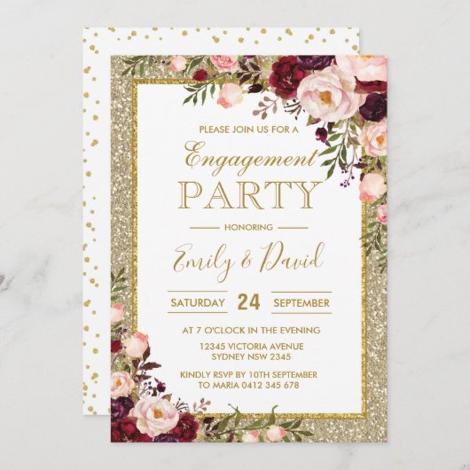 Bling Watercolor Burgundy Blush Rose Verlobung Einladung (Vorne/Hinten)