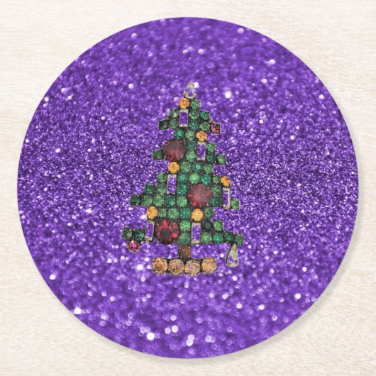 Bling Weihnachtsbaum Lila Glitzer Papier Untersetz Runder Pappuntersetzer (Vorderseite)