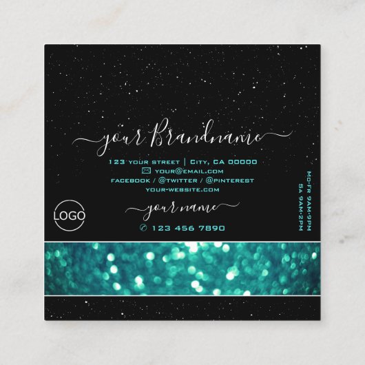 Blinkender schwarzer und Aquamariner Glitzer mit L Quadratische Visitenkarte (Rückseite)