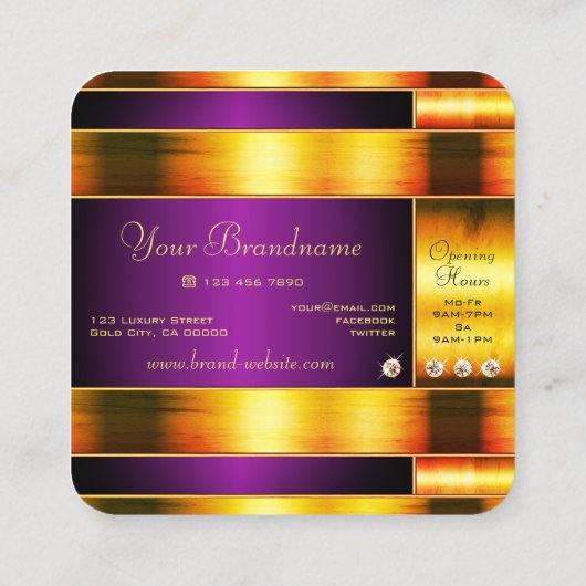 Blinkes Gold und Lila mit leuchtenden Rhinestones Quadratische Visitenkarte (Rückseite)