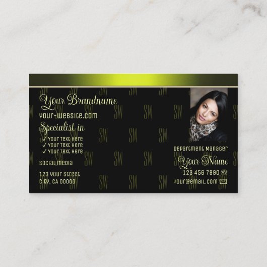 Blinkes Schwarz-Gelb mit Foto und Chic Monogram Visitenkarte (Rückseite)