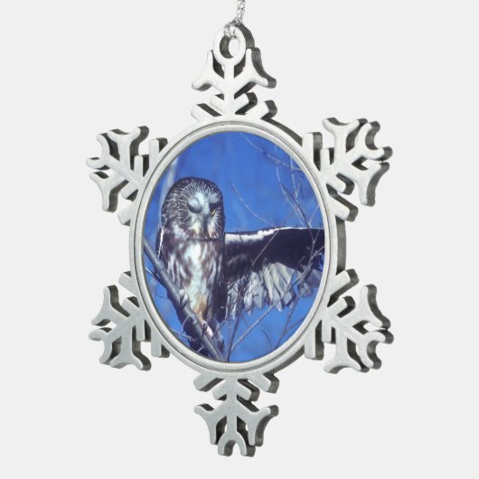 Blinzeln der Eule Schneeflocken Zinn-Ornament (Rechts)