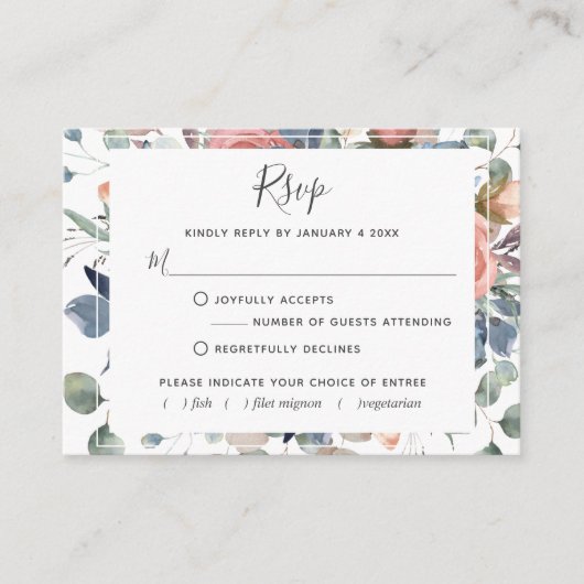 Blissful Floral, Dusty Blue und Greenery RSVP Card Begleitkarte (Vorderseite)