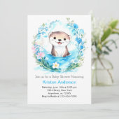 Blissful Otter Joyful Blue Floral Boy Baby Dusche Einladung (Stehend Vorderseite)