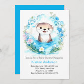 Blissful Otter Joyful Blue Floral Boy Baby Dusche Einladung (Vorne/Hinten)