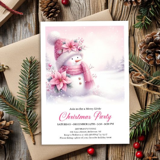 Blissful Pink Snowman Digital Christmas Invite Kid Einladung