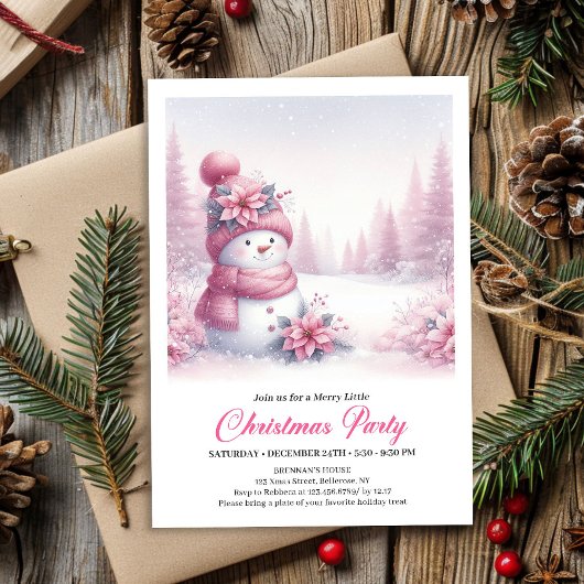 Blissful Snowy Pink Snowman Editable Kids Christma Einladung
