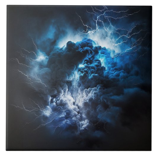 Blitz auf schwarzer Wolkenlandschaft Fliese (Vorderseite)