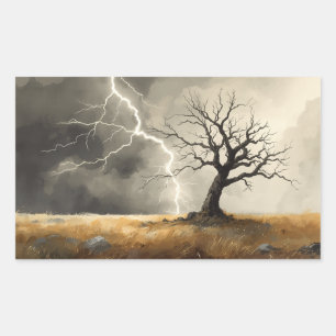 Blitz, der auf Baum einschlägt, Gemälde. Rechteckiger Aufkleber