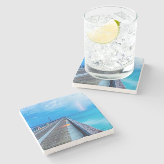 Blitze am Navarre Beach Pier Steinuntersetzer (Seitenansicht)