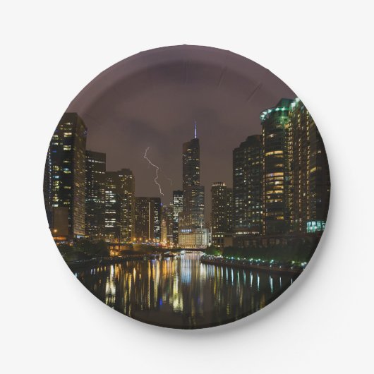 Blitzschlag über dem Fluss Chicago Pappteller (Vorderseite)