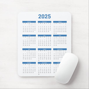 Bliue and White 2025 Year at a Glance Calance Mousepad