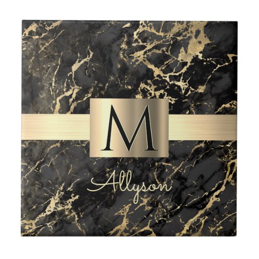 Blk & Gold Marmor Gold Box, DIY Gold Name Monogram Fliese (Vorderseite)