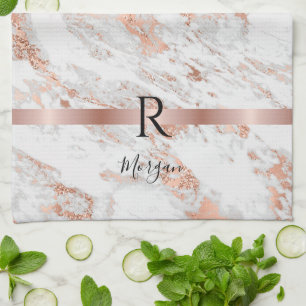 Blk Name/Monogramm Weiß+Rosa Gold Marmorglitter 2 Geschirrtuch