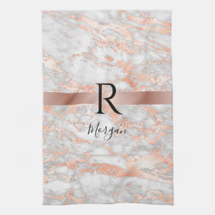 Blk Name/Monogramm Weiß/Roségold Marmor Glitter 2 Geschirrtuch