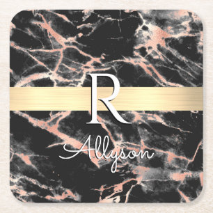 Blk & Rose Gold Marmor Goldbarren, Wht Name Monogr Rechteckiger Pappuntersetzer