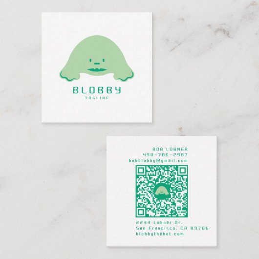 Blobby Character Logo | Fun Mascot with QR code Quadratische Visitenkarte (Vorne/Hinten)