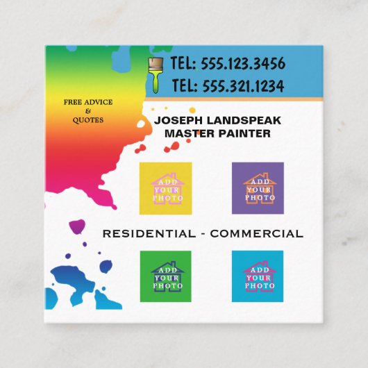 Blobs Farbe für Berufliches Maler und 4 Fotos Quadratische Visitenkarte (Vorderseite)