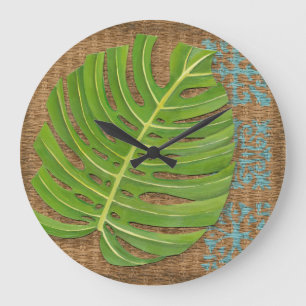 Block-Druck-Palme auf Weidenhintergrund Große Wanduhr
