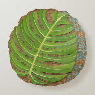 Block-Druck-Palme auf Weidenhintergrund Rundes Kissen