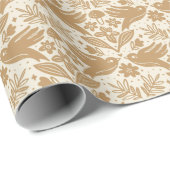 Block Print Birds with Florals | Beige & Gold Seam Geschenkpapier (Rolleneckpunkt)