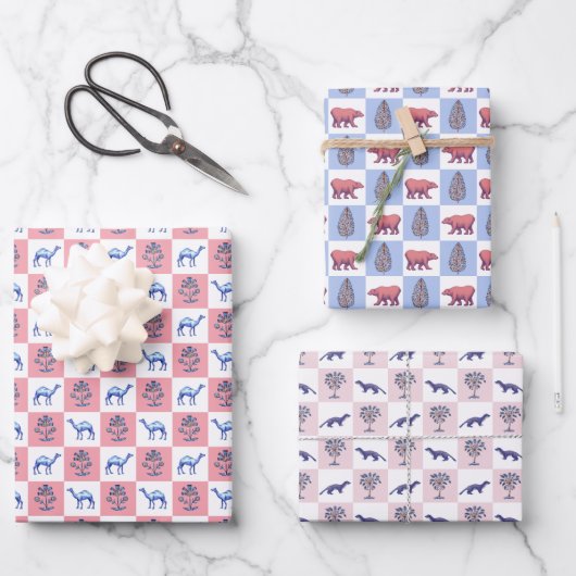 Block Print Botanicals und Tiere Geschenkpapier Set (Vorderseite)