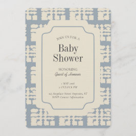 Block Print Geometric Gender Neutral Blue Beige Einladung