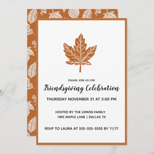 Block Print Maple Leaf Friendsgiving Einladung (Vorne/Hinten)
