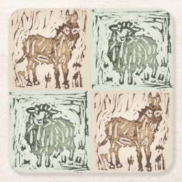 Block Print Sheep Donkey Quilt - farm animals. Rechteckiger Pappuntersetzer