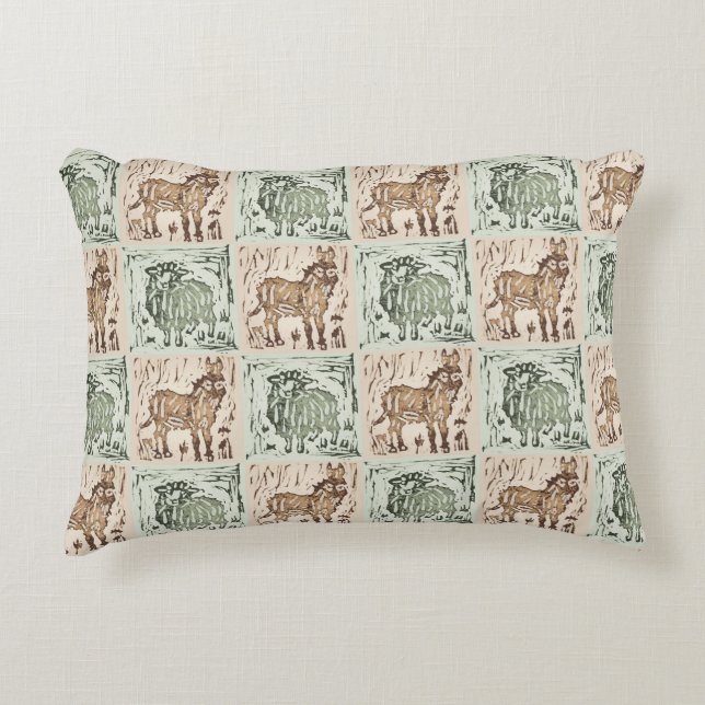 Block Print Sheep Donkey Quilt - Green Brown Dekokissen (Vorderseite)