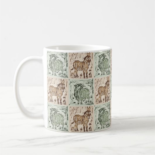 Block Print Sheep Donkey Quilt - Green Brown Kaffeetasse (Links)