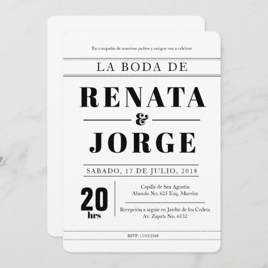 BLOCK Style Spanish Wedding Einladung (Vorne/Hinten)