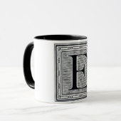 Blockbuchstabe "E" Holzschnitt Holzblock-Urschrift Tasse (Vorderseite Links)
