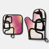 Blockchain: Abstrakt rosa, gelb, schwarz und weiß Ofenhandschuh & Topflappen-Set (Vorderseite)