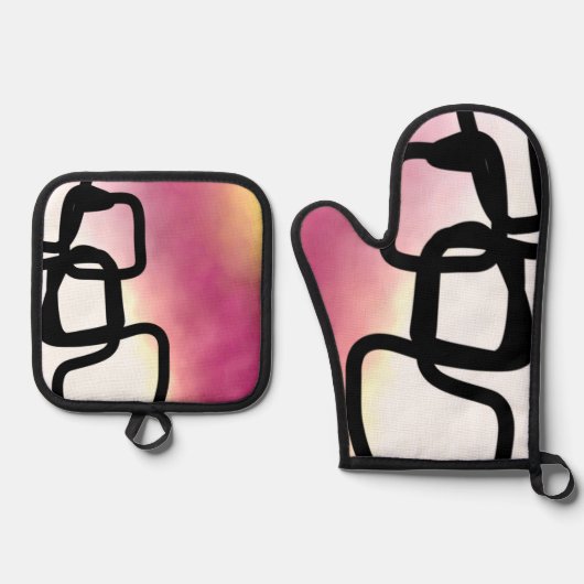 Blockchain: Abstrakt rosa, gelb, schwarz und weiß Ofenhandschuh & Topflappen-Set (Vorderseite)