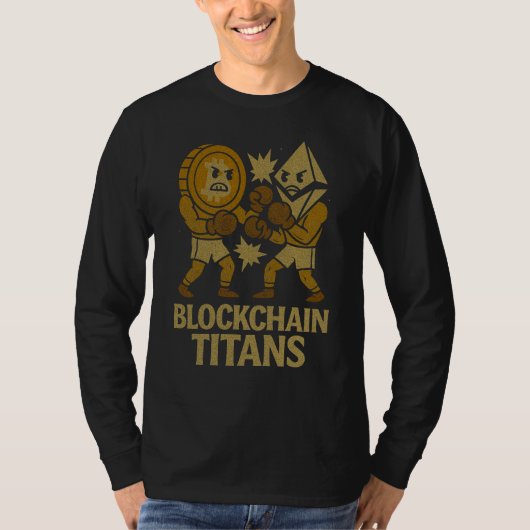 Blockchain-Titanen™ Bitcoin vs Ethereum Crypto T-Shirt (Vorderseite)