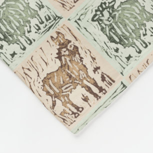Blockdruck-Schaf-Esel-Quilt - Grün Braun. Fleecedecke