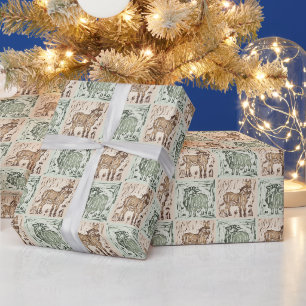 Blockdruck-Schaf-Esel-Quilt - Grün Braun. Geschenkpapier
