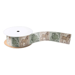 Blockdruck-Schaf-Esel-Quilt - Grün Braun. Satinband